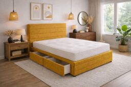Divan Bed Set Headboard and Footboard with Mattress 6ft Superking Mustard Suede Storage 4 Drawers
