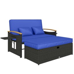 Outsunny Double Garden Rattan Daybed with Storage Ottoman, Brown Blue