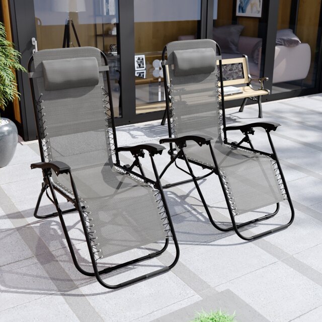 Garden Vida Set of 2 Foldable Outdoor Zero Gravity Chairs with Headrest Pillow - Grey