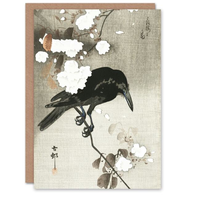 Ohara Koson Japanese Art Card Crow With Cherry Blossom Flowers