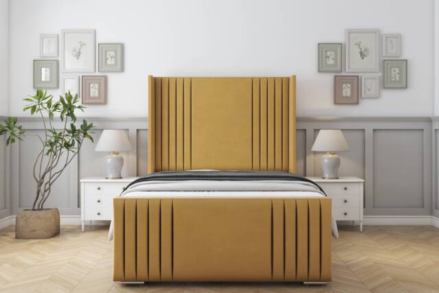 "Sloomy Camden Mustard Plush Bed Frame With Mattress With 50"" Upholstered Wingback Headboard 2'6 Small Single"