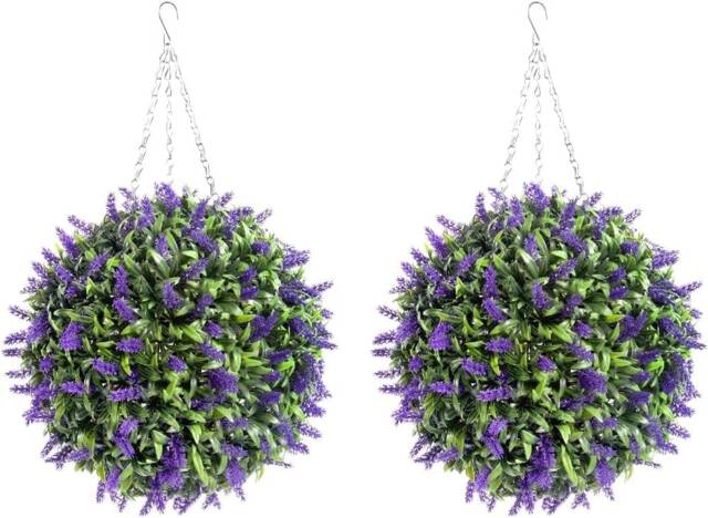 Pair of Best Artificial 38cm Purple Lush Lavender Hanging Basket Flower Topiary Ball - Weather & Fade Resistant