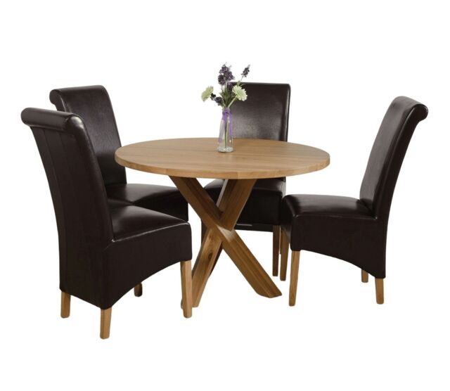 Oregon Round Oak Dining Table and 4 Montana Leather Chairs Brown Brown 1