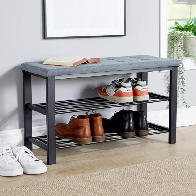 Metal Shoe Bench with Storage Shelfs For Entryway Hallway Seating Grey