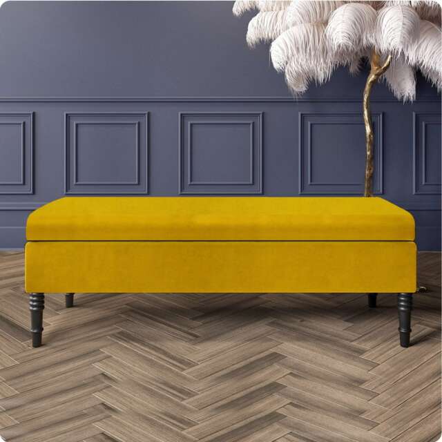 Safar Plain 90cm Ottoman Storage Bench - Plush Velvet Shoe Bench - Mustard Gold Upholstery Footstool with Storage