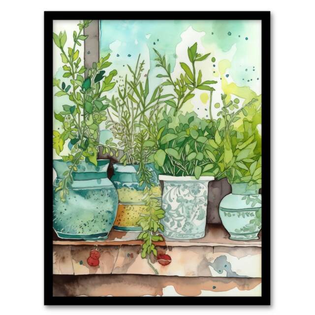 Watercolour Windowsill Plant Pots Folk Art Kitchen Black Framed Wall Art Print A4