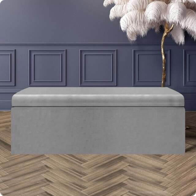 90cm Large Plain Safar Storage Ottoman Box, Silver Plush Velvet Upholstered Deep Storage Ottoman End of Bed Bench