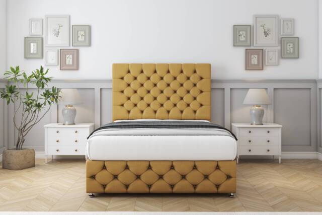 "Sloomy Watson Mustard Plush Divan Bed With Mattress No Drawers With 26"" Strutted Headboard & 12"" Matching Footboard 3' Single Gold Mustard Single 1"