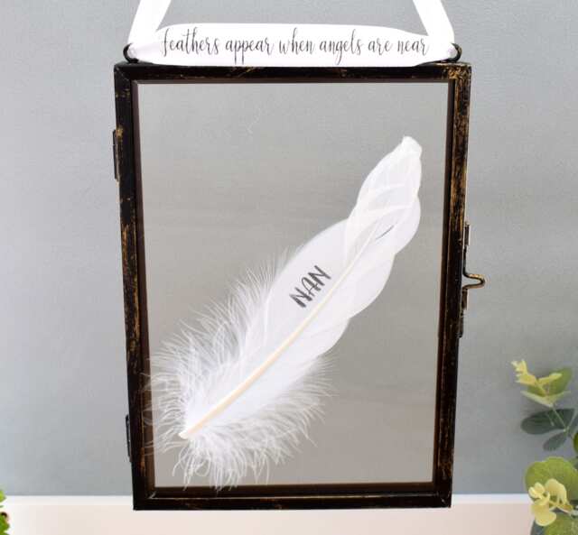 In Memory of Nan Real feather Floating Picture Frame. Memorial Gift