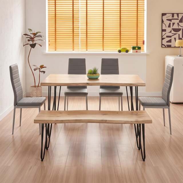 Brown Wooden Dining Table Hairpin Legs with 4 grey Faux Leather Chairs and Bench - Dining Kitchen Room Furniture