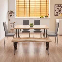 Brown Wooden Dining Table Hairpin Legs with 4 grey Faux Leather Chairs and Bench - Dining Kitchen Room Furniture