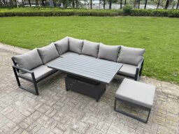 Fimous Aluminium Garden Furniture Sets,7 Seater Outdoor Conversational Dining Set with Adjustable Rising Lifting Dining Table Cushions for Yard,Poolside, Patio, Dark Grey