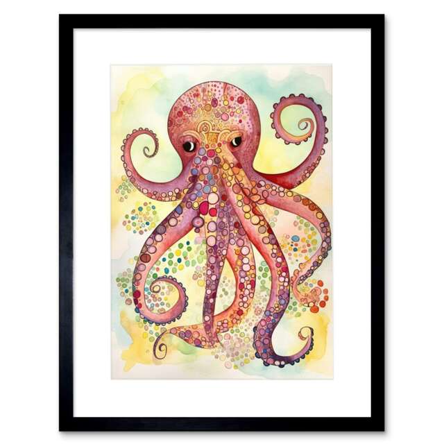 "Octopus Portrait Bright Folk Art Watercolour Painting 9x7"" Black Framed Wall Art Print"