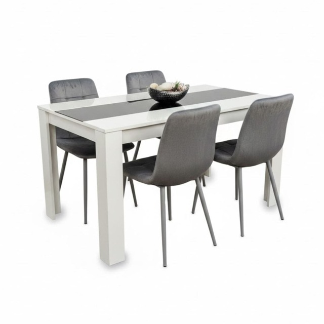 Dining Table Set White And Black Table With 4 Grey Velvet Chairs Dining Room Furniture