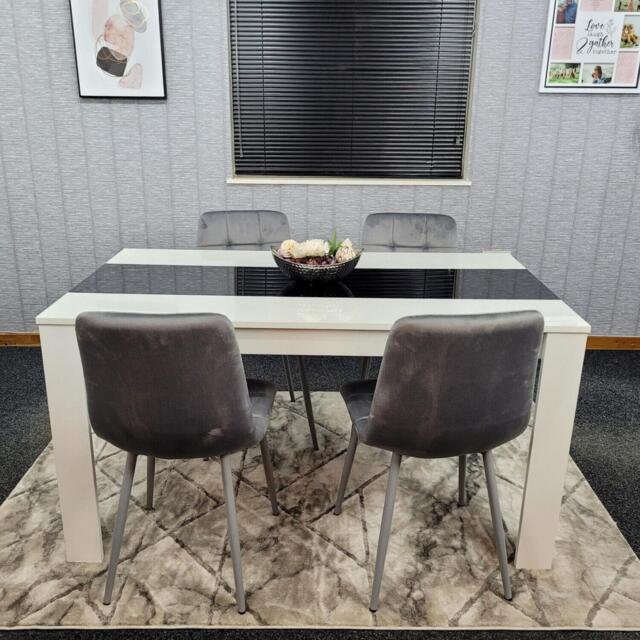 Dining Table Set White And Black Table With 4 Grey Velvet Chairs Dining Room Furniture