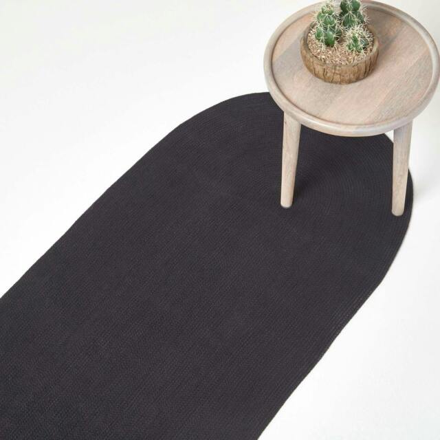 Homescapes Black Handmade Woven Braided Oval Hall Runner - 66 x 200 cm Black Black