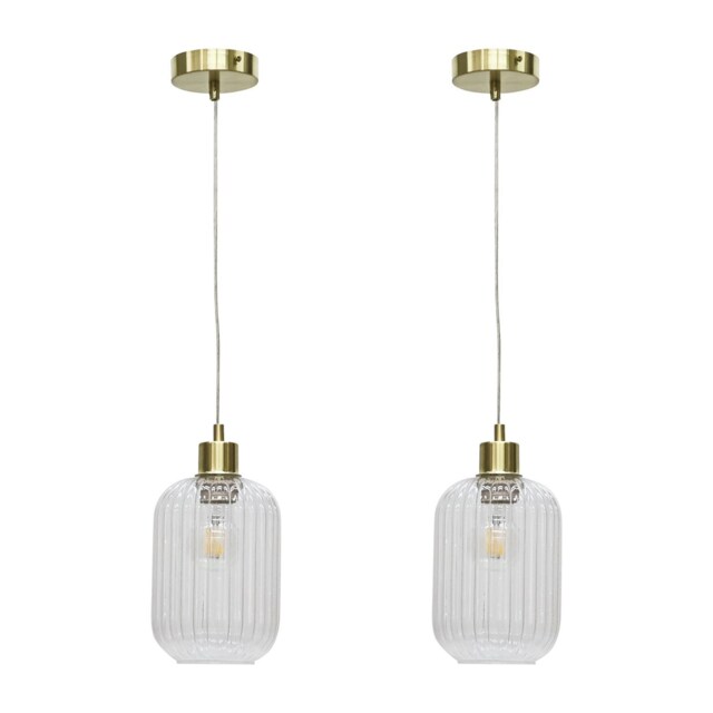 Set of 2 Batley - Clear Ribbed Glass with Satin Brass Pendant Fittings Clear Clear 2