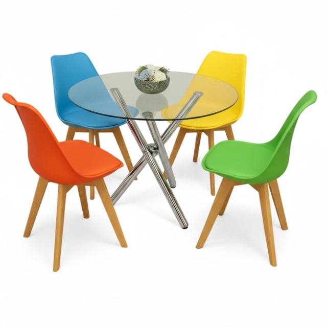Round Clear Glass Dining Table with Chrome Metal Legs and 4 Mixed Colour Leather Plastic Chairs, Modern Dining Set