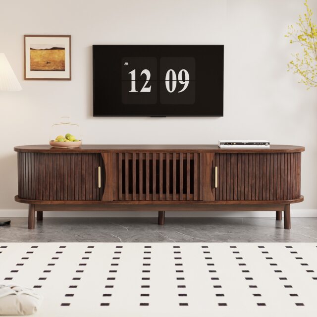 VILUXE 165cm Oval TV Stand for TVs up to 65 Inches with 2 Sliding Doors, Pull-Down Centre Door and Slatted Ventilation, Dark Oak Effect
