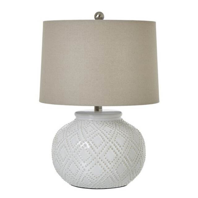 Squat Beaded Lamp with Linen Shade - Ceramic - L38 x W38 x H56 cm - White White