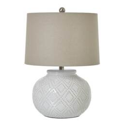 Squat Beaded Lamp with Linen Shade - Ceramic - L38 x W38 x H56 cm - White White