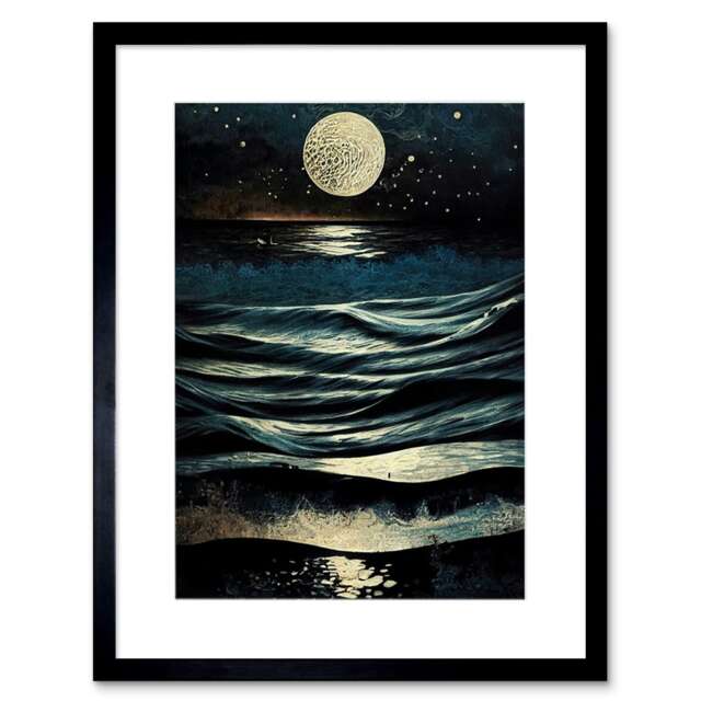 "Full Moon Rising Over Clear Night Sky Tidal Waves 9x7"" Black Framed Wall Art Print"
