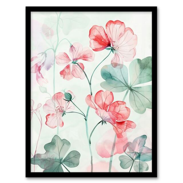 Red Pastel Geranium Flowers Modern Home Decor Black Framed Wall Art Print A4