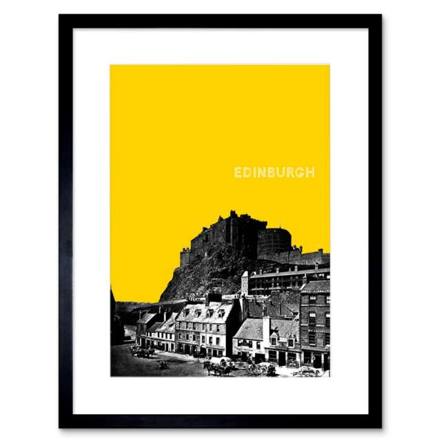 "Grassmarket Edinburgh Castle Scotland Cityscape Yellow 9x7"" Black Framed Wall Art Print"