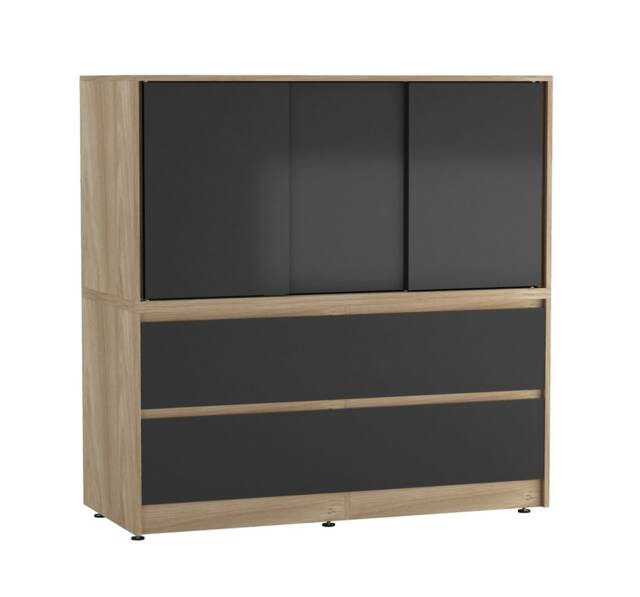 120cm 3 Sliding Door 4 Drawer Bedside Cabinet Storage End Unit Bedroom Furniture Multi Oak with Black Doors 1