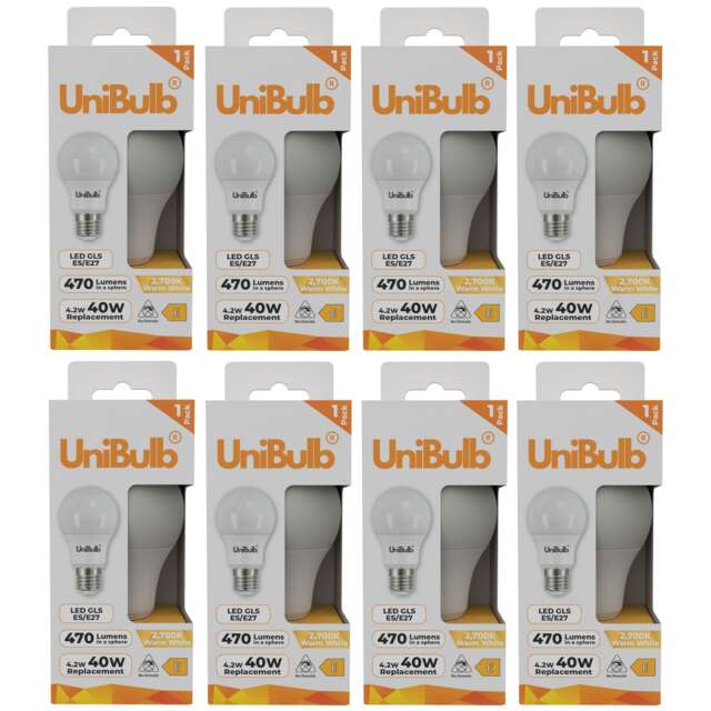 UniBulb LED GLS E27 Edison Screw (ES) 470lm 4.2W (Replaces 40W) 2700K (Warm White) Light Bulb - Pack of 8