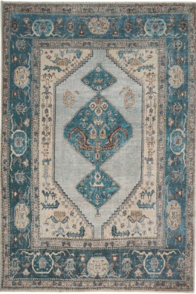 KUKOON Teal Blue Distressed Bordered Medallion Non Slip Washable Low Pile Rug 120cm x 170cm Blue