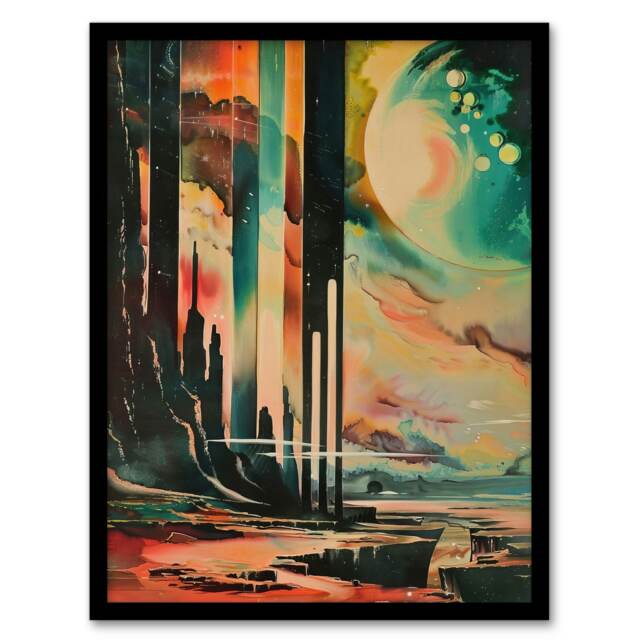 Retro Sci-Fi Cliff By Moon Galaxy Fantasy Black Framed Wall Art Print A4