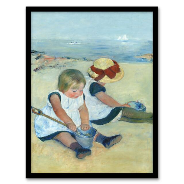 "Children Playing on the Beach Cassatt Vintage Framed Wall Art Print 12X16"""