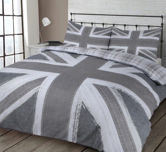 Velosso Union Jack Reversible Printed Cotton Blend Duvet Cover and Pillowcase Set Grey Single