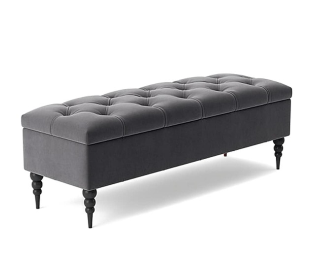 90cm Safar Ottoman bench with Storage and Turned Wooden Legs- Plush Velvet Shoes Bench - Steel Grey Chesterfield Storage Bench