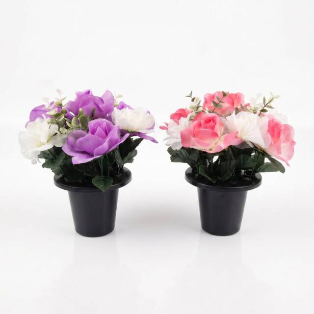 Homescapes Artificial Rose & Mimosa Gravepot, Set of 2 Memorial Flowers