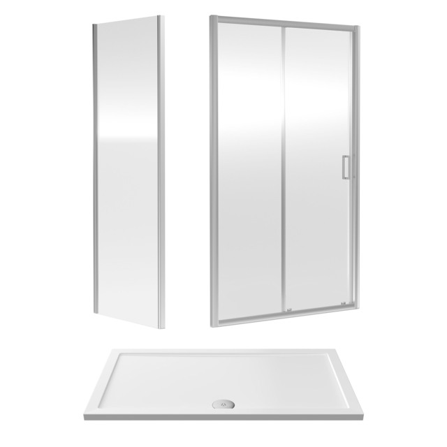 Balterley Sliding Shower Suite with Safety Glass Door, Side Panel & Shower Tray Silver Chrome 3