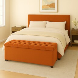 120cm Chesterfield Plush Velvet Burnt Orange Upholstered Storage Ottoman Bench - Deep Tufted Lid & Wooden Leg