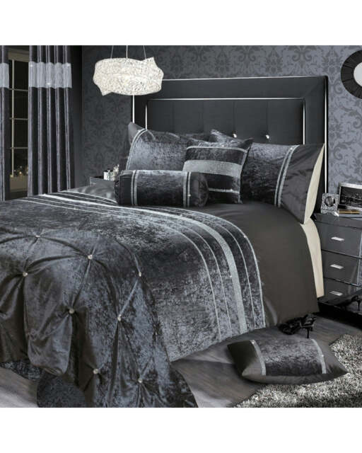 Intimates Rienzo Crushed Velvet Diamante Duvet Cover & Pillowcase Set Grey Charcoal Single