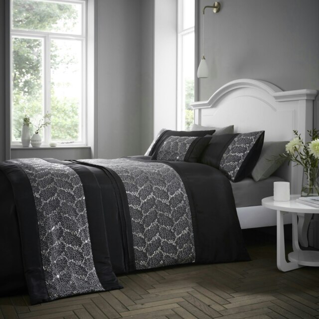 Portfolio Home Rouen Embellished Sequens Soft Easy Care Bed Linen Bedding Duvet Cover Quilt Set With Pillow Case Black Double