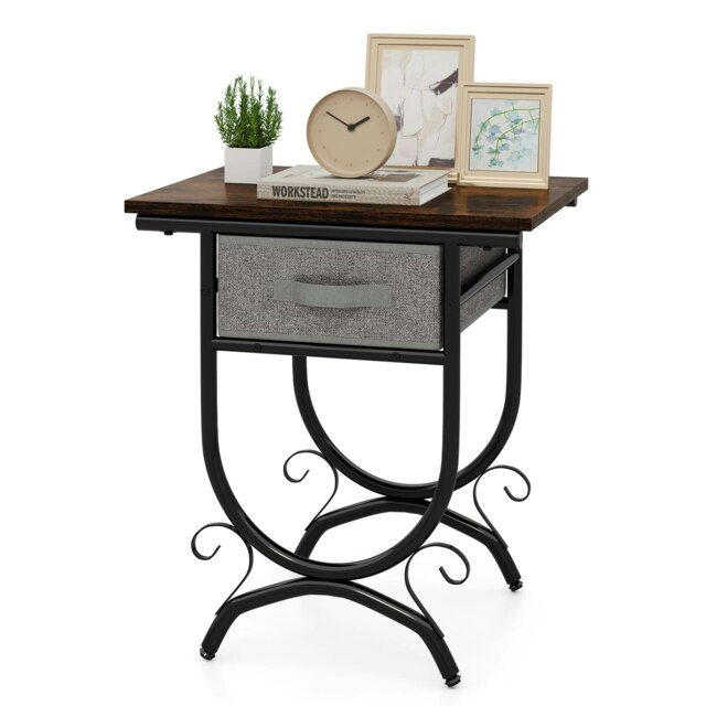 COSTWAY 2-tier Bedside Table Industrial Nightstand Grey