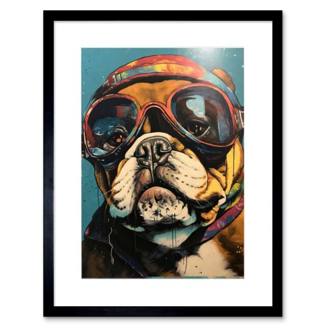 "Bulldog Retro Motorcycle Goggles Helmet 9x7"" Black Framed Wall Art Print"