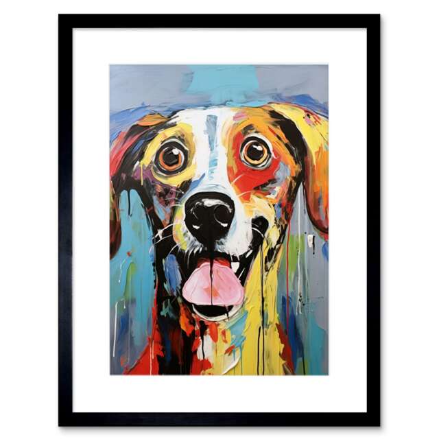 "Welcome Home Colourful Fun Dog Portrait 9x7"" Black Framed Wall Art Print"
