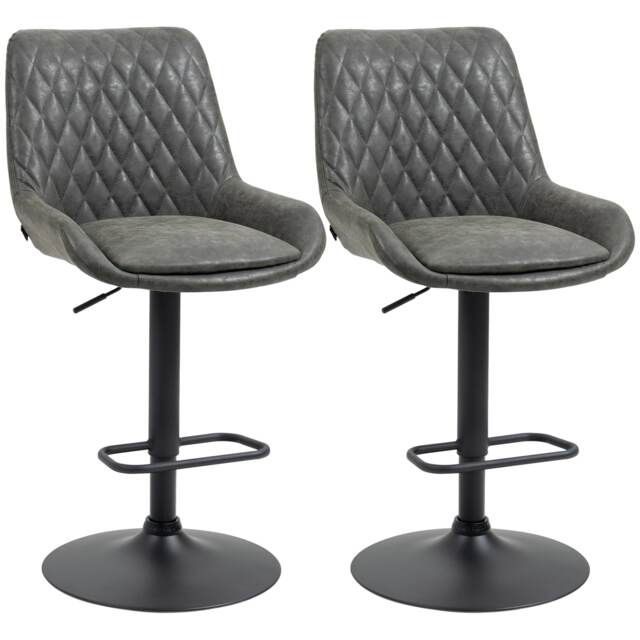 HOMCOM Breakfast Bar Stools Set of 2 with 51x40cm Wide Seat, Height Adjustable Kitchen Counter Chairs, Retro Swivel Upholstered Barstools with Back, Footrest and Steel Base, Dark Grey