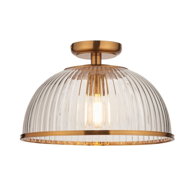 Somerset Bowl Semi Flush Ceiling Light Vintage Brass Finish & Clear Ribbed Glass E27