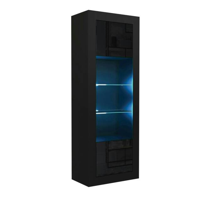 Tall Cabinet 170cm Black Gloss Doors Black Matt Body Free LED Light Black