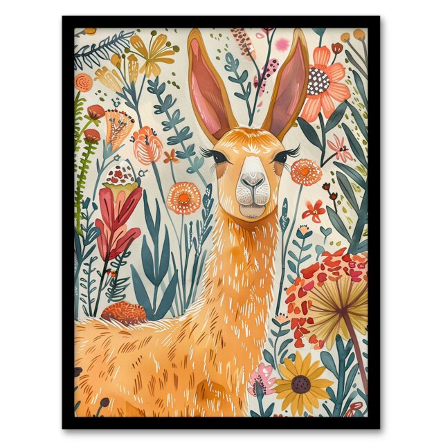 Lady Llama with Colourful Flowers Watercolour Black Framed Wall Art Print A4
