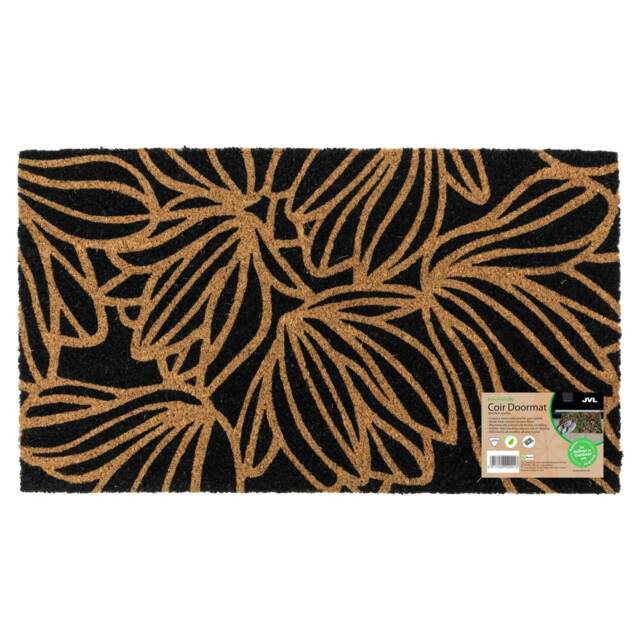 JVL Latex Backed Coir Entrance Doormat, 40x70cm - Black Floral