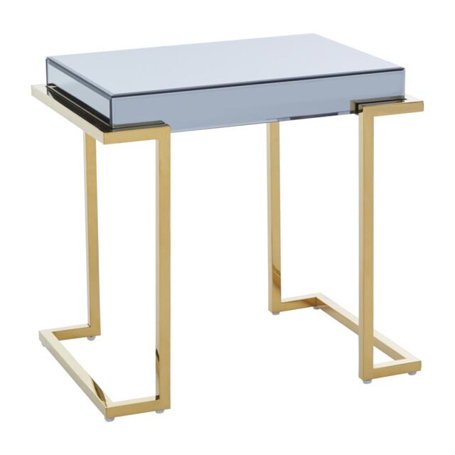 Orsina Decent End Table With Grey Mirrored Top, Metal Side Table With C-Shaped Base, Luxe Gold Finish Small Table