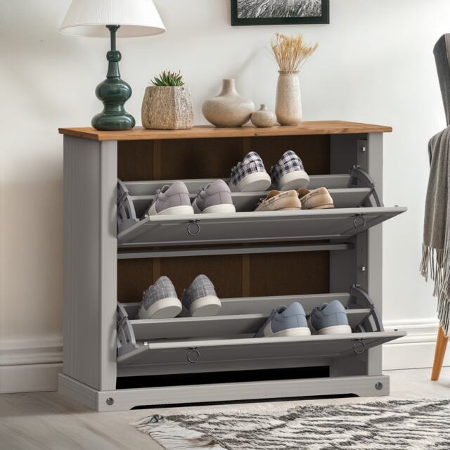 Corona Grey Wax 2 Shelf Shoe Rack Chest Solid Wood Mexican Pine Wooden Hallway Storage